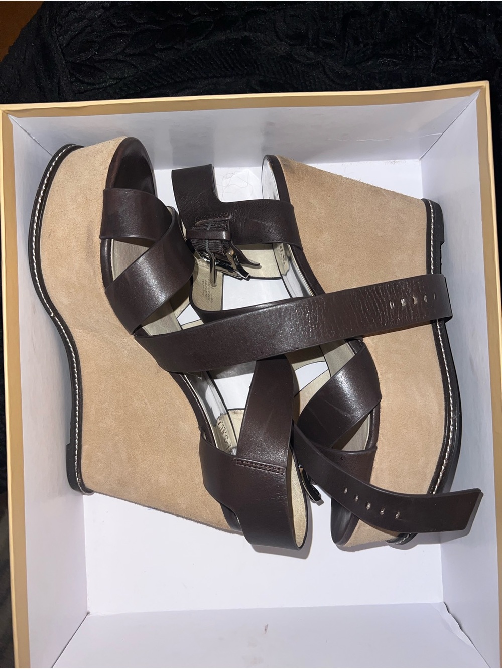 MICHAEL Michael Kors Brown Leather Strappy Wedges with Tan Suede Platform.